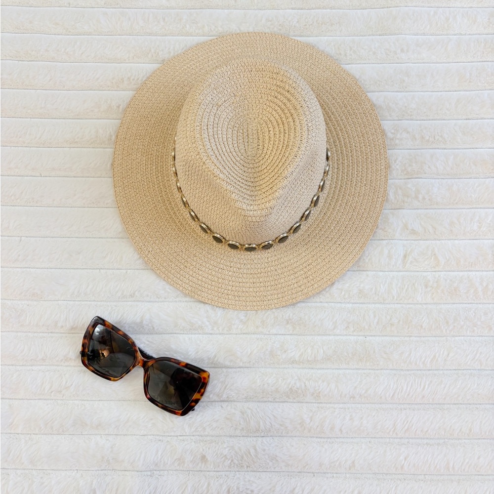 Wide Brim Straw Sun Hat with Shell Trim - Natural
